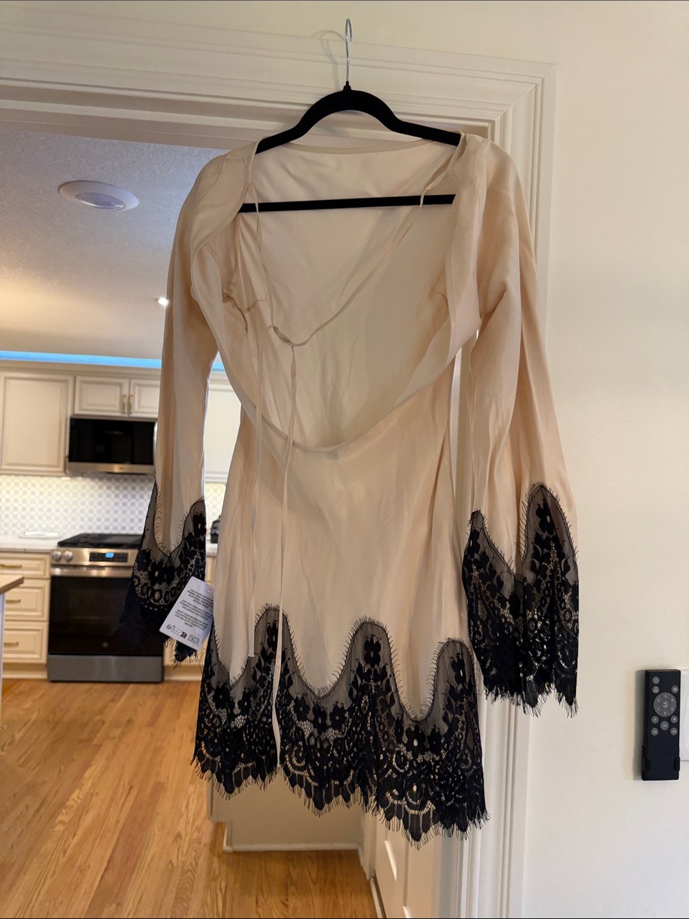 ASOS Cream Long-Sleeve Dress with Black Lace Hem - Picture 4 of 4